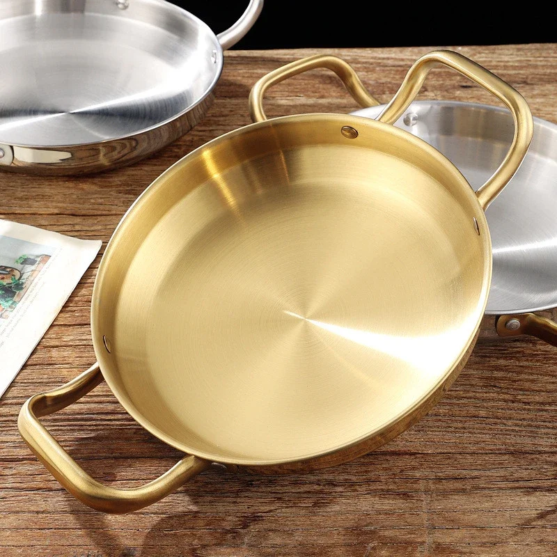 Cuenco de olla seca de acero inoxidable, olla de arroz de mariscos españoles, olla del Ejército Coreano dorada, sartén comercial gruesa de doble oreja