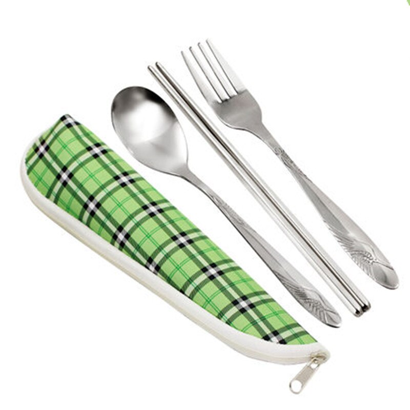 Tableware Reusable Travel Cutlery Set Camp Utensils Set with stainless steel Spoon Fork Chopsticks Straw Portable case: green strip