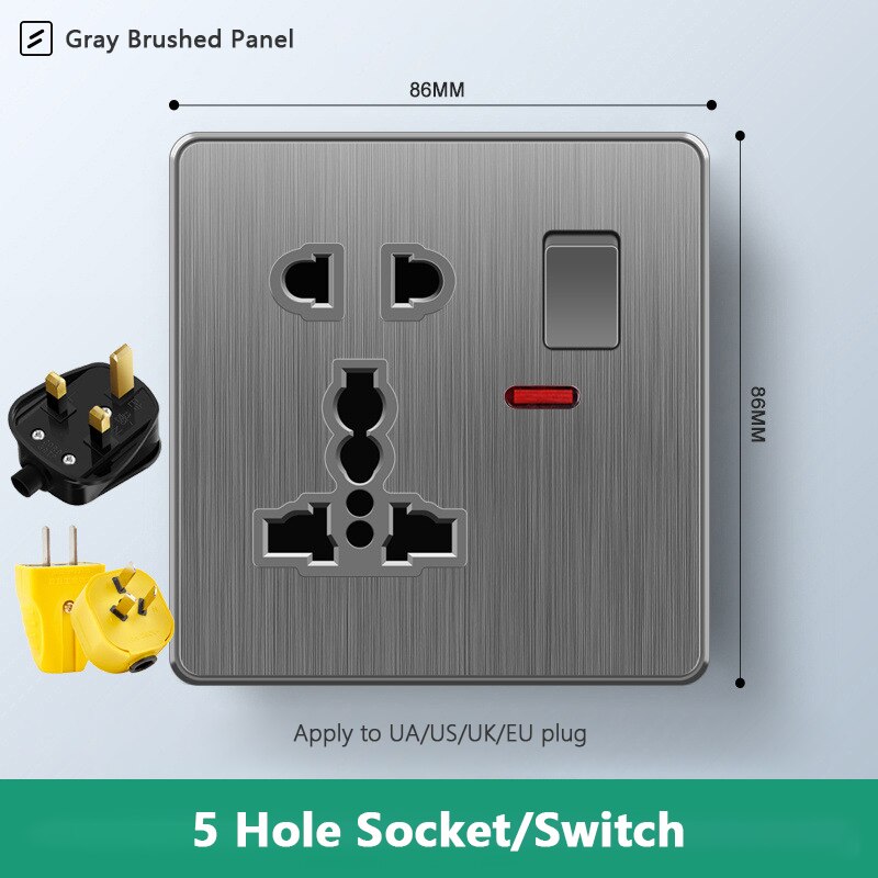 Atlectric Usb Wall Socket Standard Electrical Socketes Gray brushed Panel Multi-function Socket With Switch For Home AC110-250V: 5HD1GL