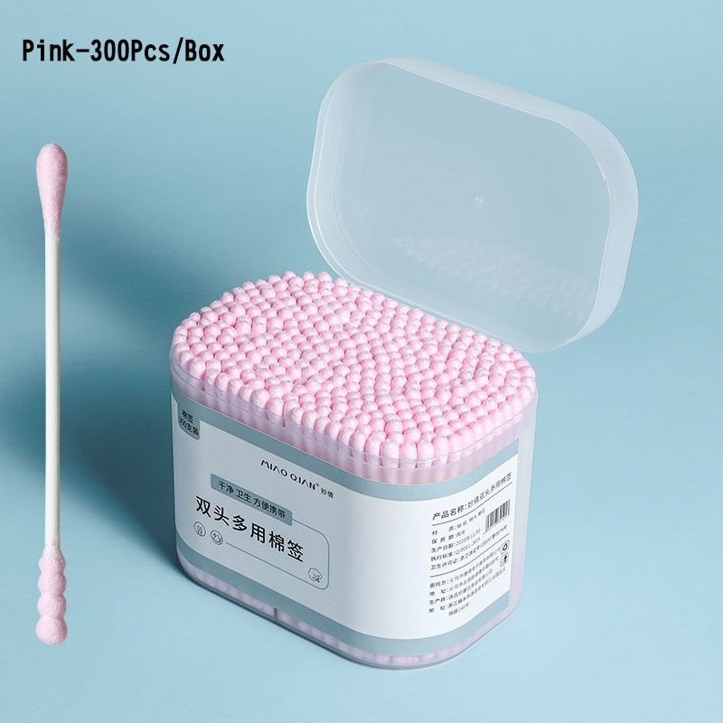 100 200 300 Stks/doos Dual Heads Wattenstaafjes Voor Kinderen Volwassen Gezondheidszorg Gereedschap Pluizende Wegwerp Knoppen Makeup Neus oren Schoonmaken: Pink 300 Pcs