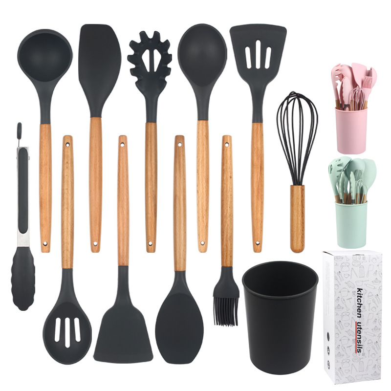 12Pcs Silicone Cooking Utensil Set Wooden Handle Spatula Soup Spoon Brush Ladle Pasta Colander Non-stick Cookware Kitchen Tools