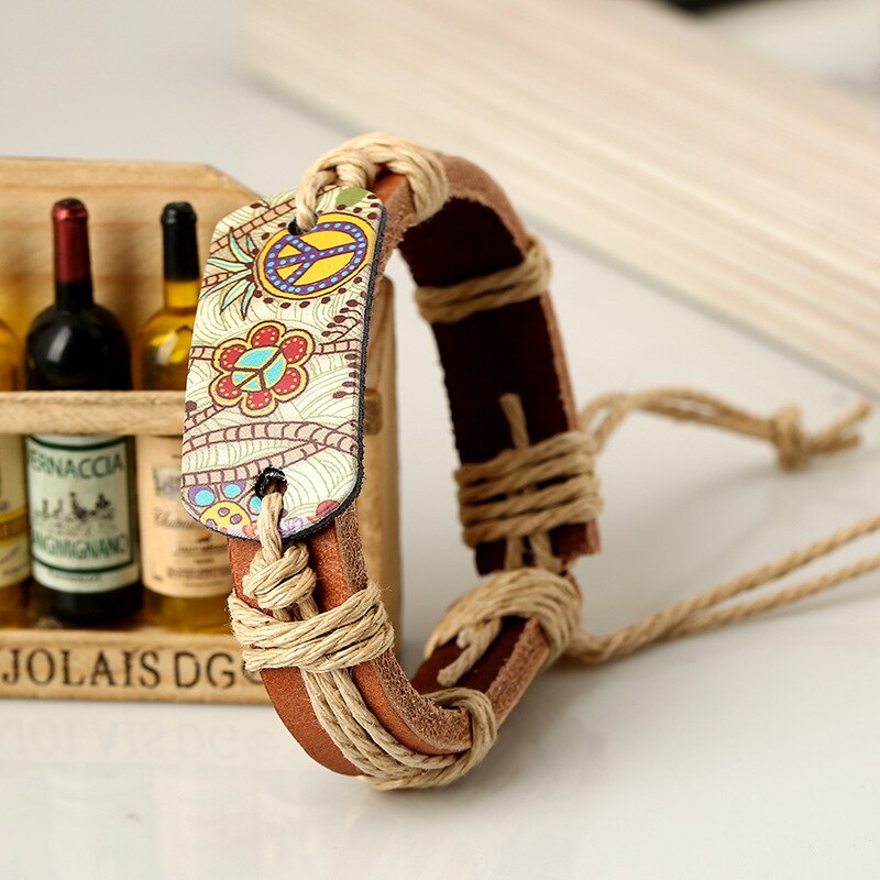 bracelets pour femme Hippie Rétro Réglable En Cuir Bracelet Bijoux Faits À La Main Pour Les Femmes Fleur Imprimé Corde