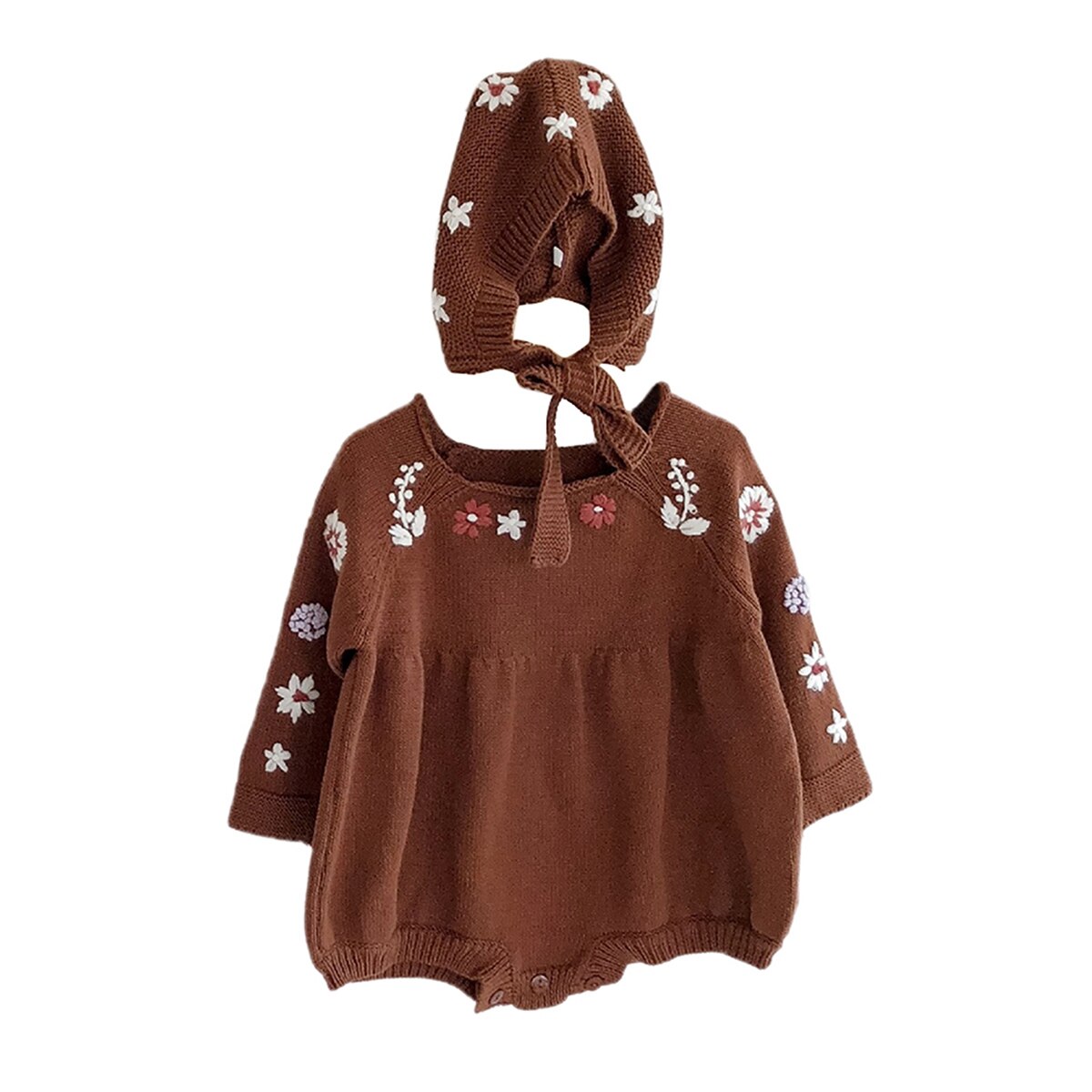0-2y bebê meninas camisola de malha bodysuit 2020 outono bonito bordado flor manga longa uma peça conjunto bodycon com gorro bonés: B / 73