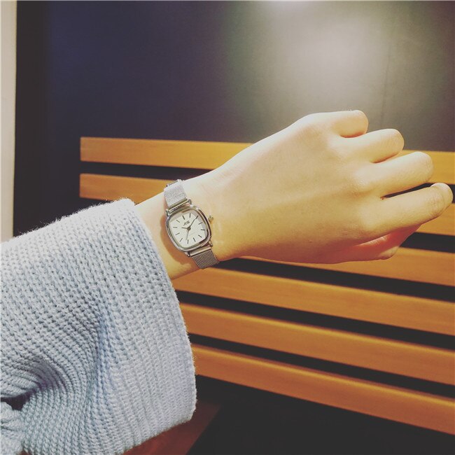 Square Dial Ladies Wristwatches Simple Silver Mesh Strap Women Watches Casual Small Female Quartz Watch Woman Clock: White