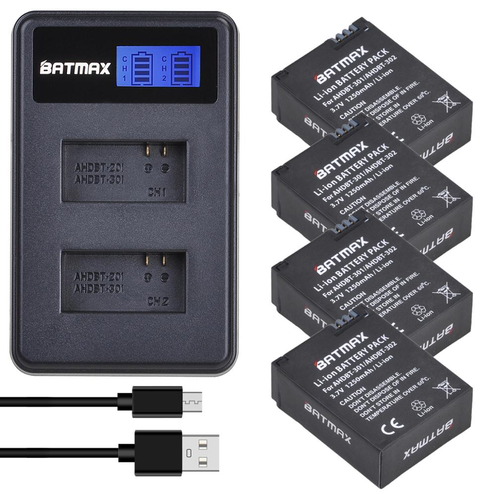 2 uds. De batería AHDBT-301 + cargador Dual LCD USB para GoPro Hero3 Hero3 + hero 3 hero 3 + baterías para cámara negra: 4Pcs set