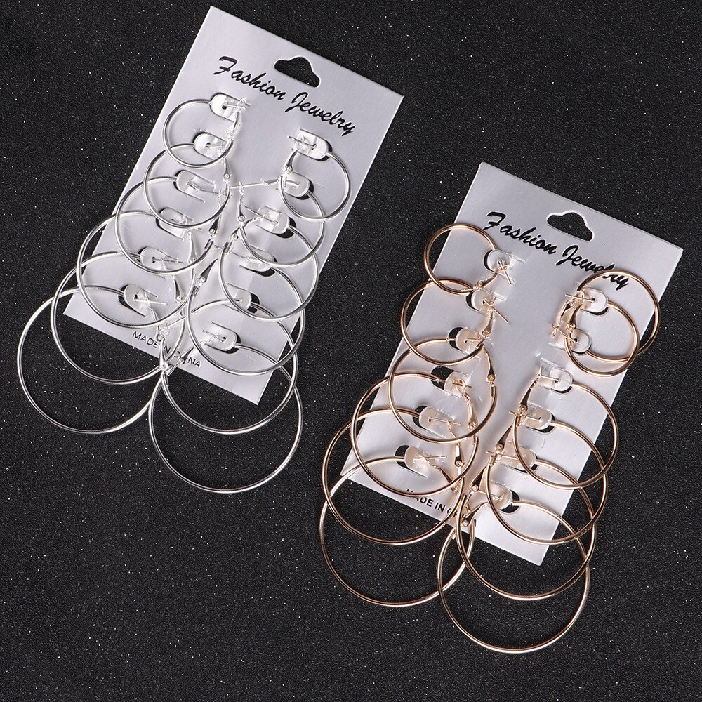 dames oorbellen wilde eenvoudige 6 paren/set van retro zilver goud grote cirkel oorbellen set oor hoepel серьги женские50 *