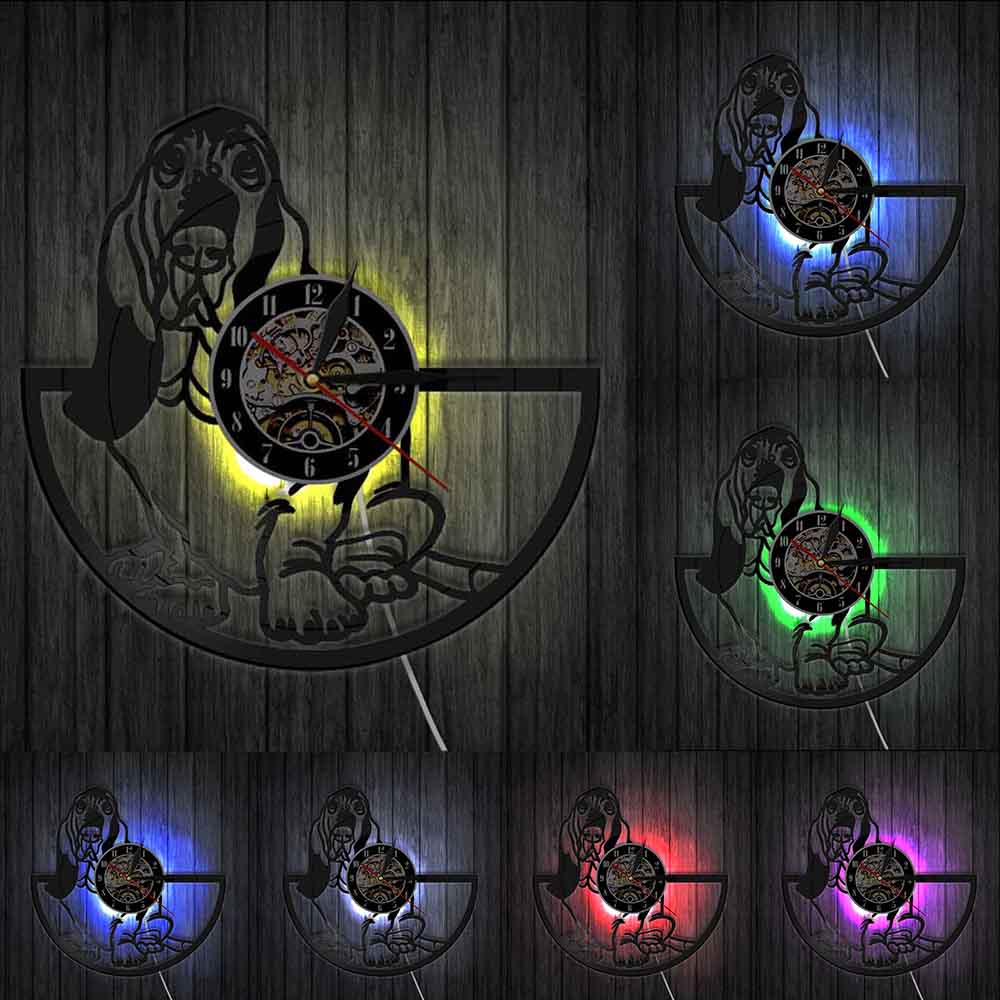 Basset Hound Dog Grooming Wall Art Puppy Dog Pet Multi Coldecorors LED Sign Animal Vinyl Longplay Record Wall Clock: With LED