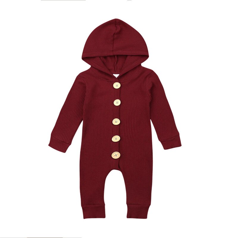 Neugeborene Baby Mädchen Jungen Langarm Gestrickte Baumwolle Mit Kapuze Strampler Herbst Feste Tasten Gesamt Kleidung Wein verrotten Rosa Weiß: Wein rot / Neugeborenen
