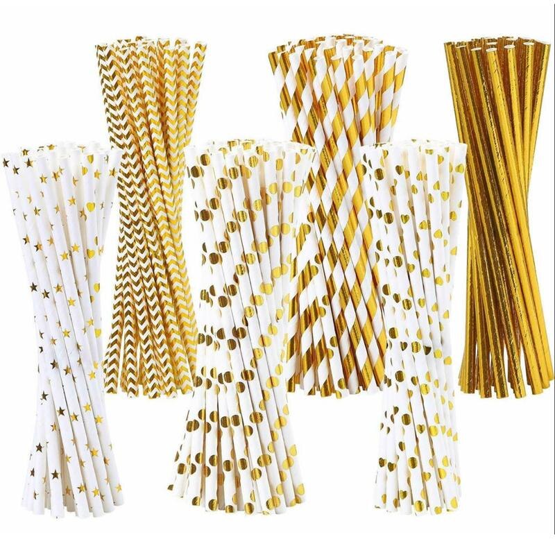 50pcs Gold foil Disposable Paper Straw Christmas Wedding Cartoon Birthday Supplies Party Degradable Juice Drink Straw Kids G2M4