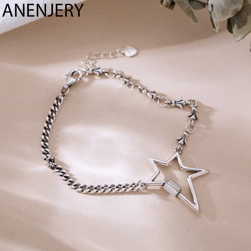 Anenjery vintage onregelmatige splitsende pentagram ketting thaise zilveren armband voor vrouwen verstelbare armband sieraden s -b400