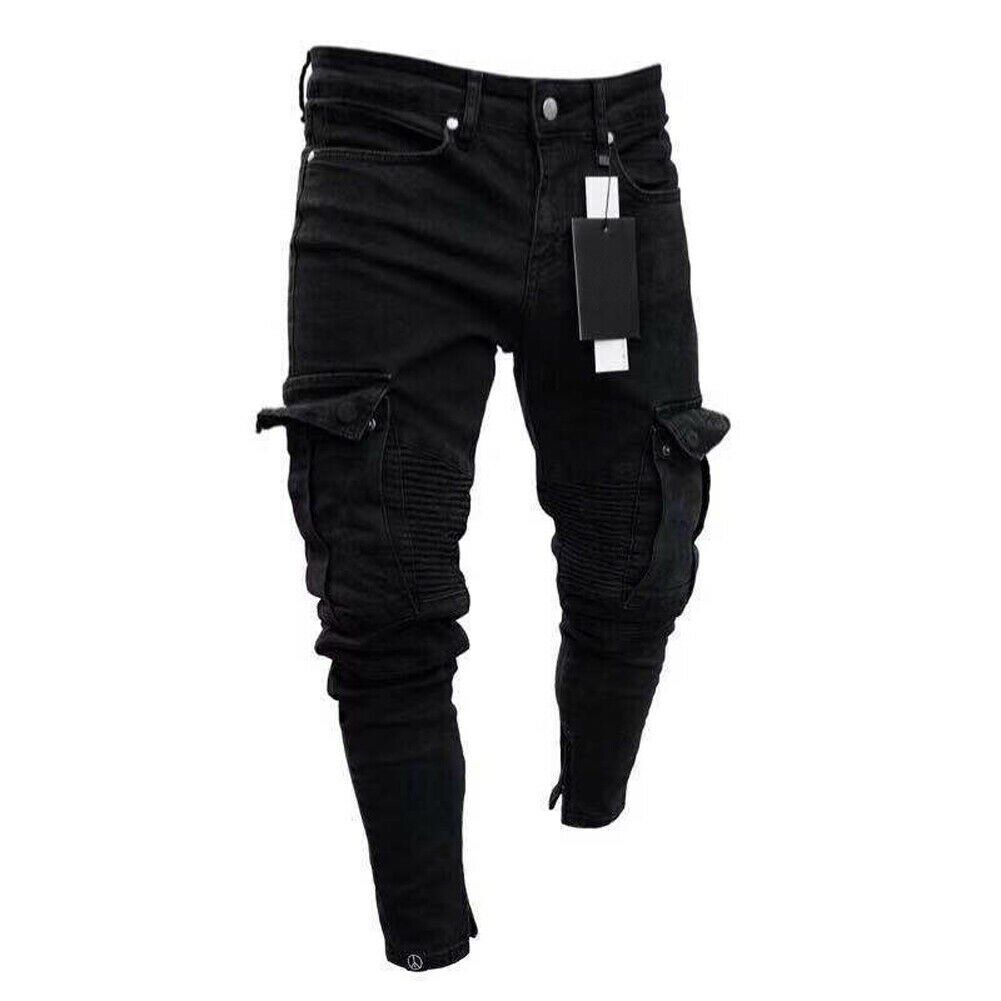 Black Jean Men Denim Skinny Biker Jeans Destroyed Frayed Slim Fit Pocket Cargo Pencil Pants Plus Size S-3XL Hip Hop: S
