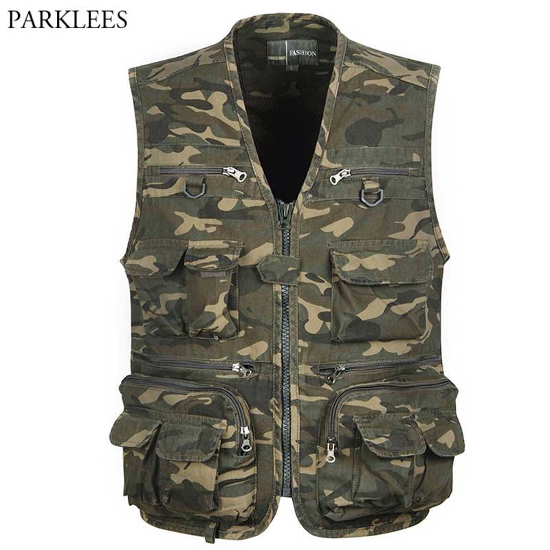 Mens's Camouflage Outdoor Vest Multi-Pockets Cotton Cargo Waistcoat Men Fishing Climbing Traveling Photography Sleeveless Jacket
