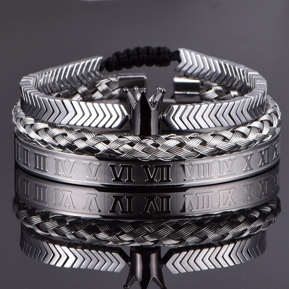 3 teile/satz Krone Handgemachte Männer Hämatit Armbinde Römische Ziffer Hanf Seil Schnalle Offenen Edelstahl Armreifen Luxus Schmuck: schwarz krone silber-