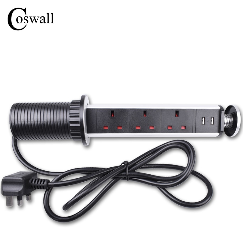 COSWALL 13A PULL POP UP 3 Power Socket 2 USB Charging Port Kitchen Table Desktop Sockets Retractable Countertops Worktop UK Plug