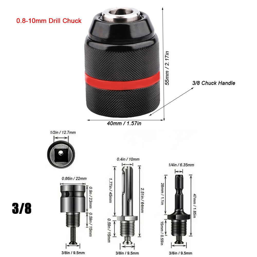 Mandril de broca de metal sem chave com rosca de 0,8-10 mm, haste sextavada/SDS/adaptador de aperto rápido quadrado, mandril para broca, chave de fenda, torneira e soquete