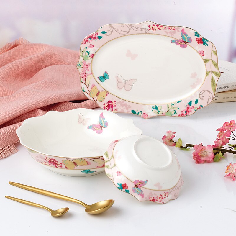 Ceramic Plate Set Glazes Party Flora Tableware Set Porcelain Breakfast Dessert Plates Dishes Noodle Bowl Coffee Cup Home Decor