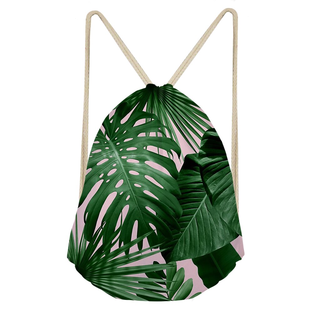Palm Leaves And Floral Split-leaf Philodendron Drawstring Bag Outdoor Fitness Beam Mouth Backpack Sports Bag Travel Backpack: Pink