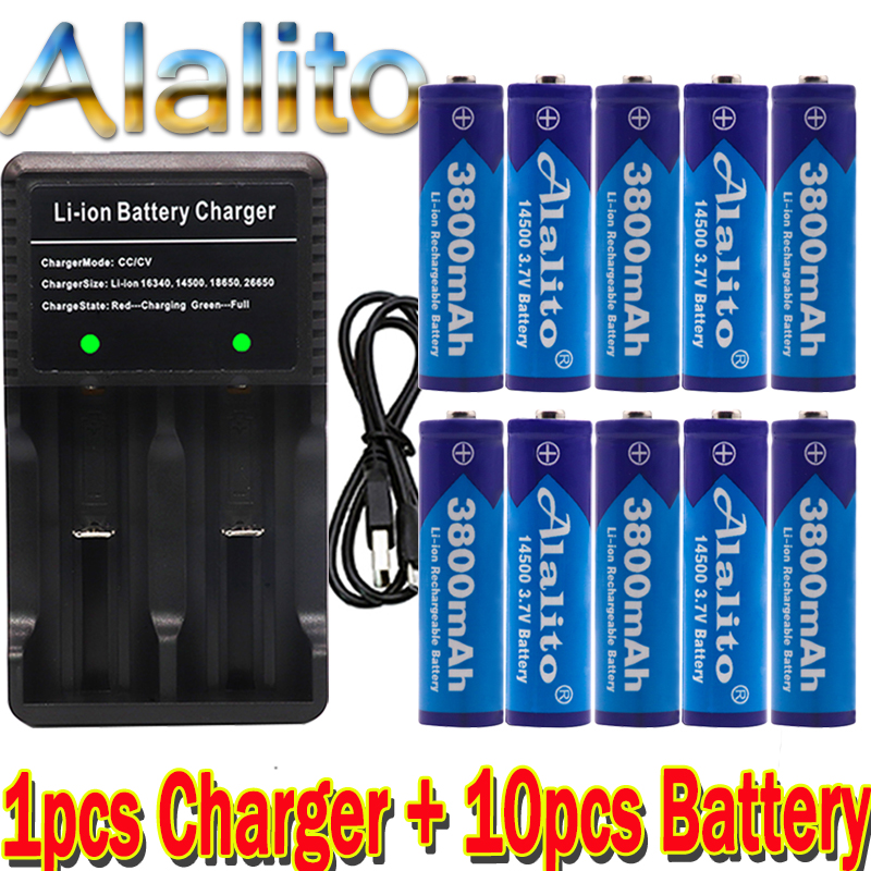 Original 14500 battery 3.7V 3800mAh Rechargeable Li-ion Batteries For Flashlight + EU US Battery Charger: Green