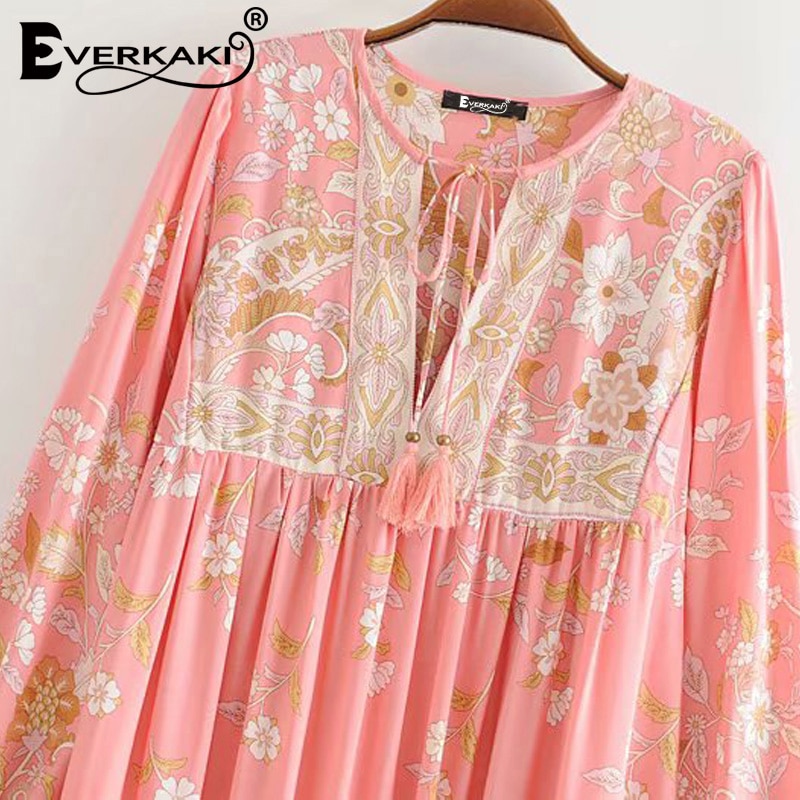 Everkaki, vestido largo bohemio con estampado Floral para mujer, Vestidos étnicos de verano para mujer, Maxi Vestidos sueltos, Casual para mujer, primavera ,