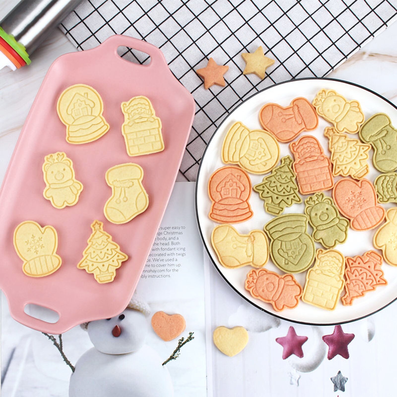 6 stuks koekjesstempel, koekjes diy mal, kerst, 3d koekjes, cake plunger uitstekers, bakvorm, kerstkoekjesvormpjes, kleur willekeurig