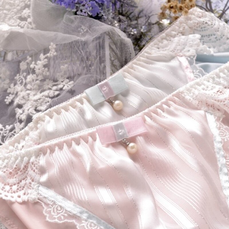 Leechee Japanese Girl Lace Panties Pearl Mercerized Milk Silk Underwear Bow Knot Cute Shorts Low Waist Breathable Women Briefs