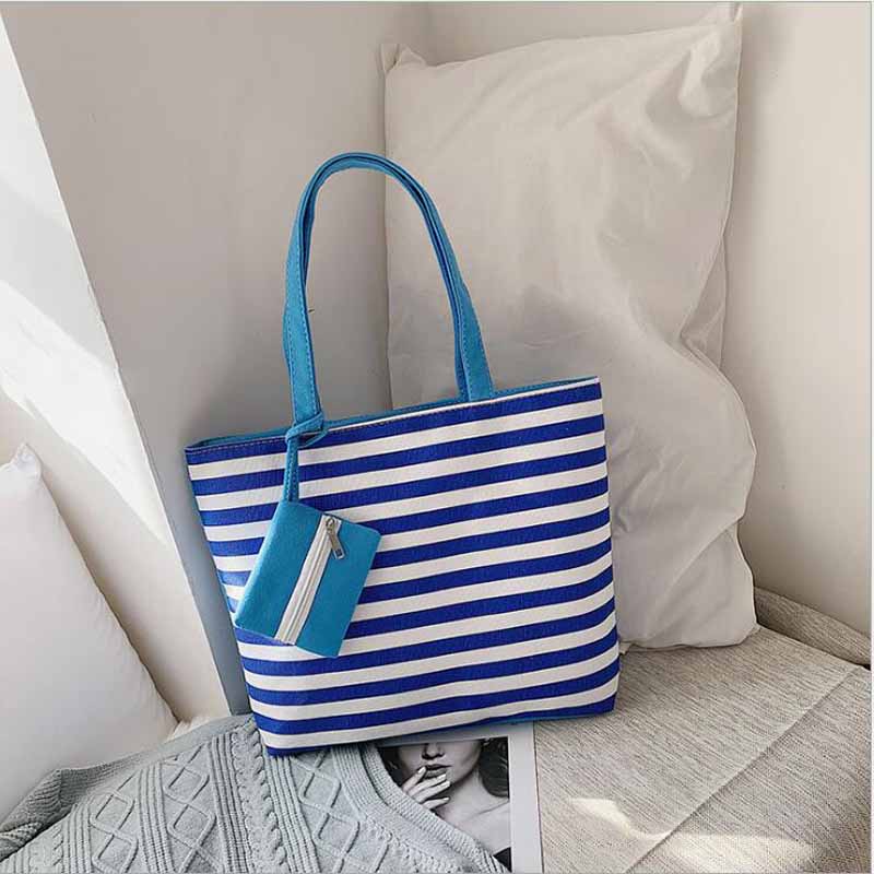 Gratis Winkelen Handtas Vrouwen Meisjes Canvas Grote Gestreepte Zomer Schouder Tote Strandtas Gekleurde Strepen: Blauw