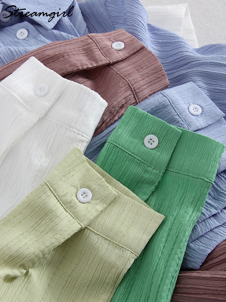 Sommersæt med crop top og bukser til kvinder, 2- delte lige bukser, damejakkesæt, 2-delte sæt til kvinder, skjorte og bukser