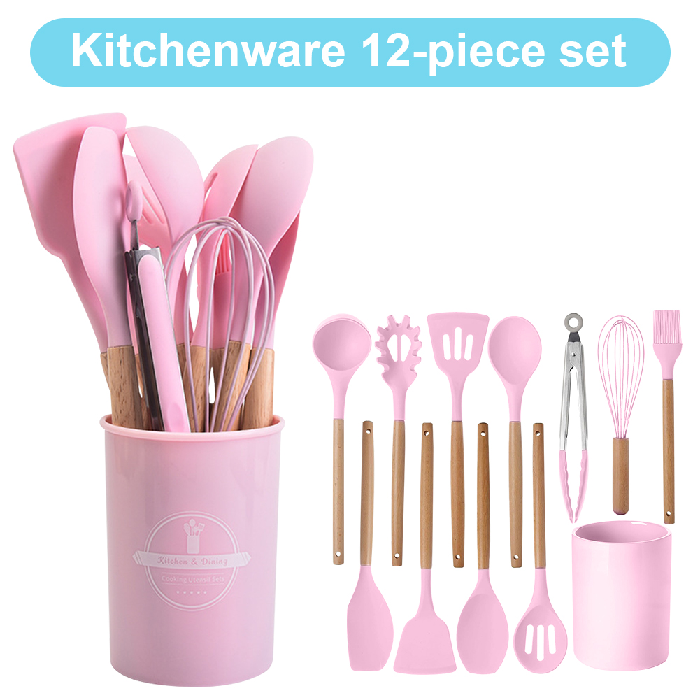 12Pcs Kitchen Utensil Set Cooking Tools Kit with Holder Heat-Resistant Cookware Spatula Spoon Brush Whisk Kitchen Supplies