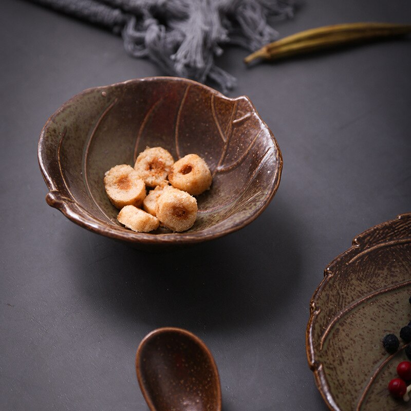 Japanese leaf shape bowl plate spoon ceramic tableware suit