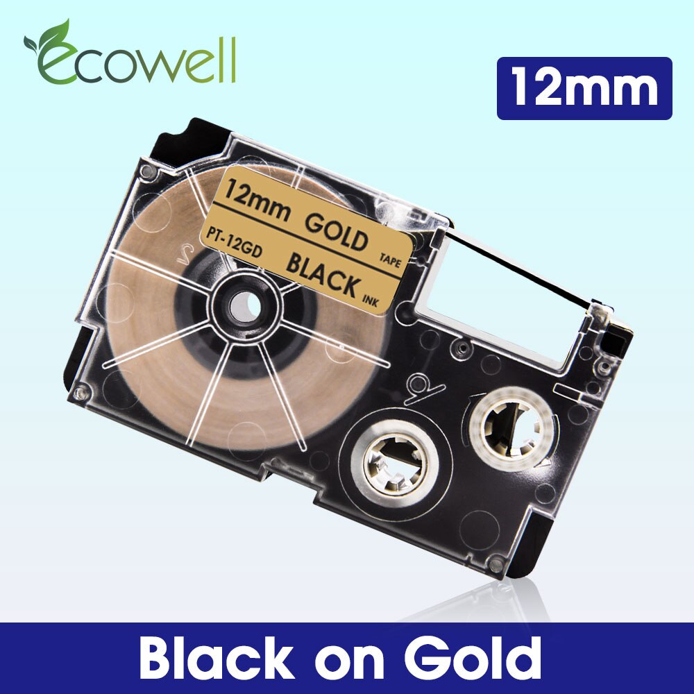 Ecowell XR-12WE XR-12RD XR-12BU XR-12YW XR-12GN Multicolor Casio label tape compatible for KL-60 KL-60SR KL-750 EZ Label Maker: Black on Gold