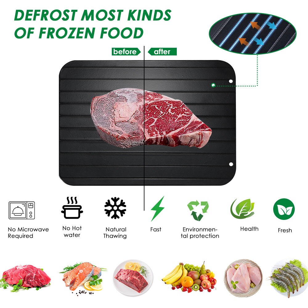 Bandeja para descongelar carne congelada, placa para descongelar utensilios para comida, utensilios de cocina, color negro