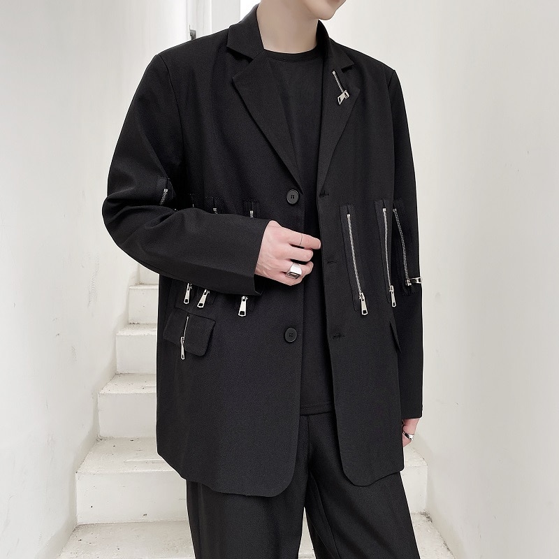 Men Zipper Streetwear Hip Hop Casual Suit Blazers Jacket Male Women Couple Show Suit Coat Outerwear