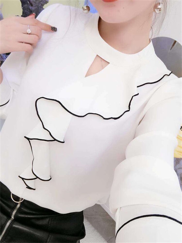Kvinner vår sommer stil chiffong bluser skjorter dame uformelt langermet volanger dekor stativ krage chiffong blusas topper  df3148