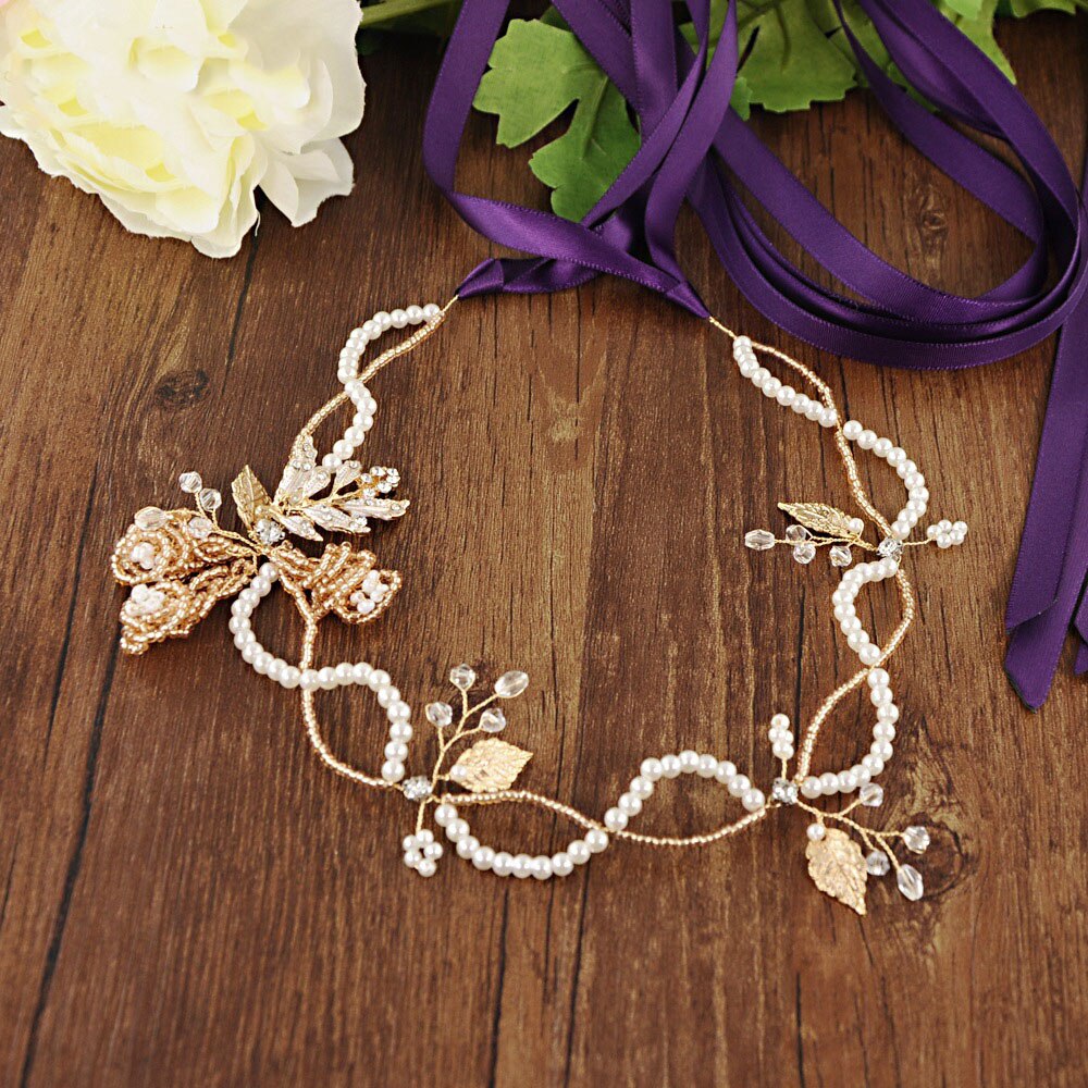 Mode Bruids Riemen Parels Kralen Golden Leaf Riem Bloemen Wedding Sash Riem Voor De Bruid Bruiloft Accessoires Vrouwen Dress Up: Purple
