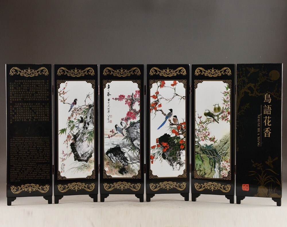( Mini ) Exquisite Chinese Handwork Lacquer Painting Bird Flower Folding Screen
