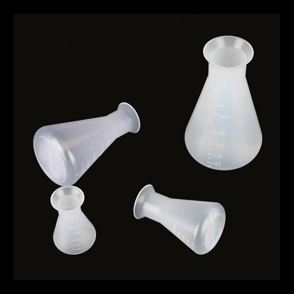 Plast erlenmeyer kolbe smal hals konisk trekant kolbe kjemi laboratorie analyse instrument 50/100/250/500ml