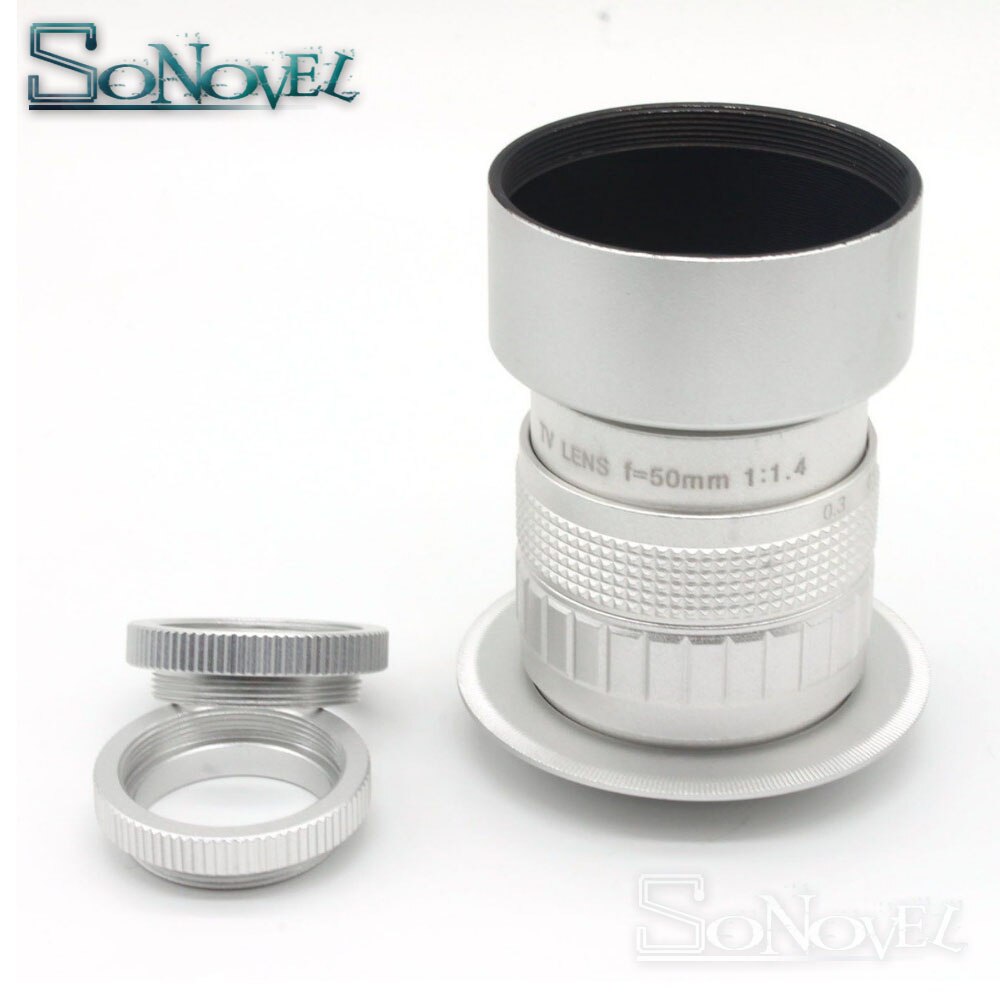 Silver 50mm F1.4 CCTV TV Movie lens+C Mount+Macro ring+Lens hood for SONY E Mount A6500 A6300 A6100 A3500 NEX Series Camera