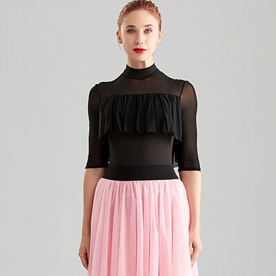 ballroom dance tops short-sleeved Modern Latin dance practice clothes for women: black / S