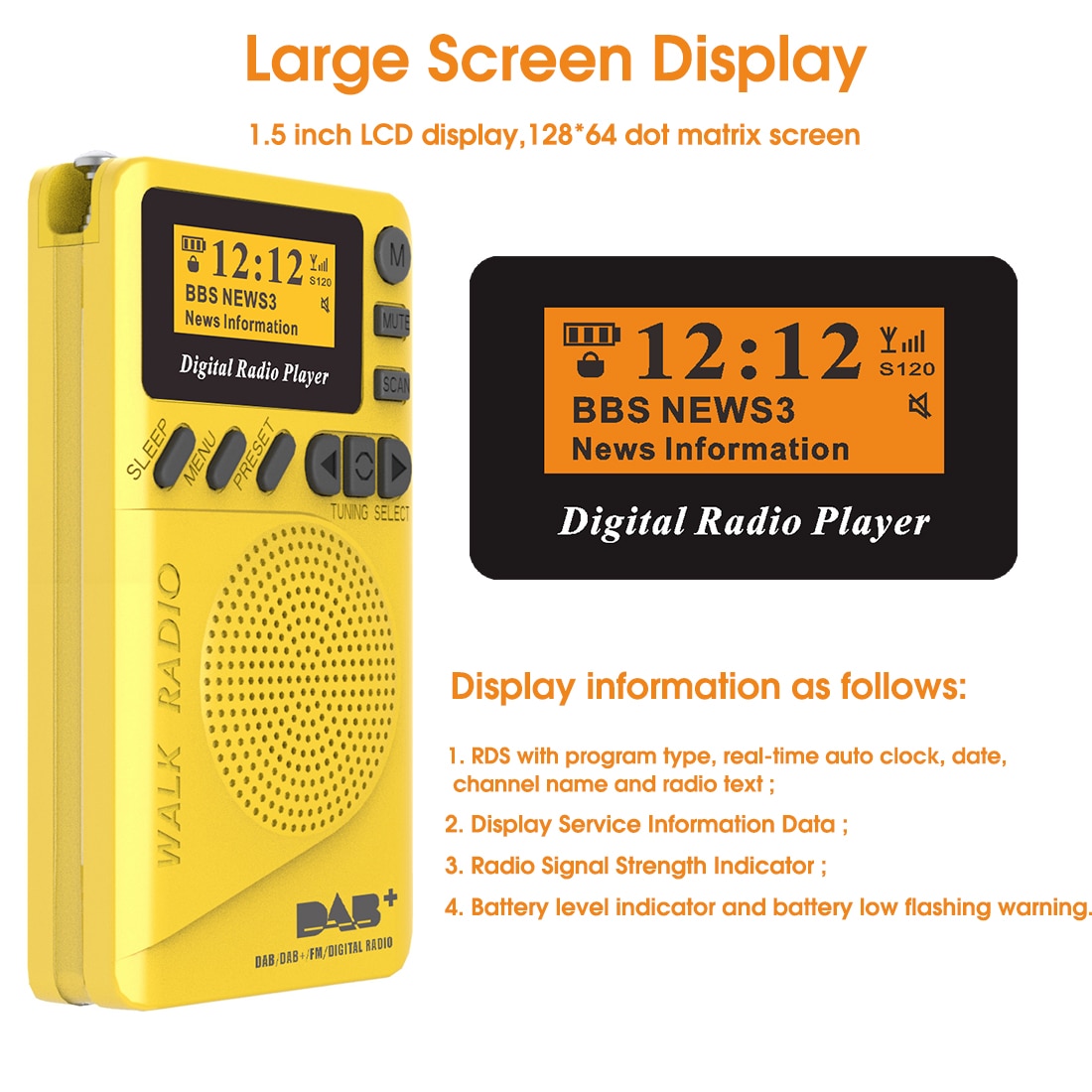 Mini Pocket DAB Digital Radio Portable FM Radio Receiver RDS With LED Display Portable MP3 Player Support TF Card Sleep Time Set