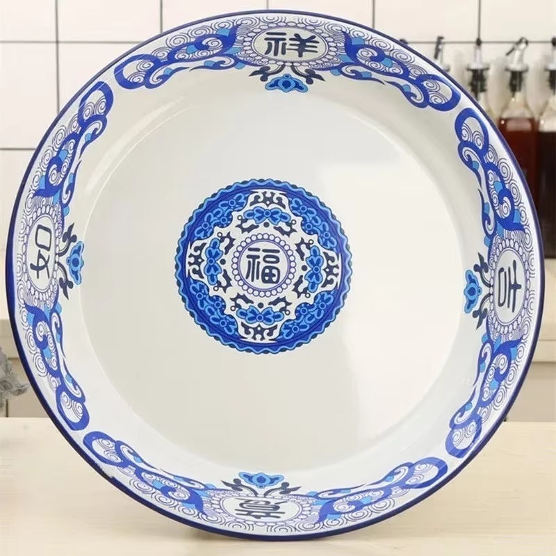 40cm fortykkede emaljetetallerkener, sauteret krydret kylling, jernporcelænstallerkener, suppetallerken, fisketallerkener, frugt- og blomsterskåle, salatskål
