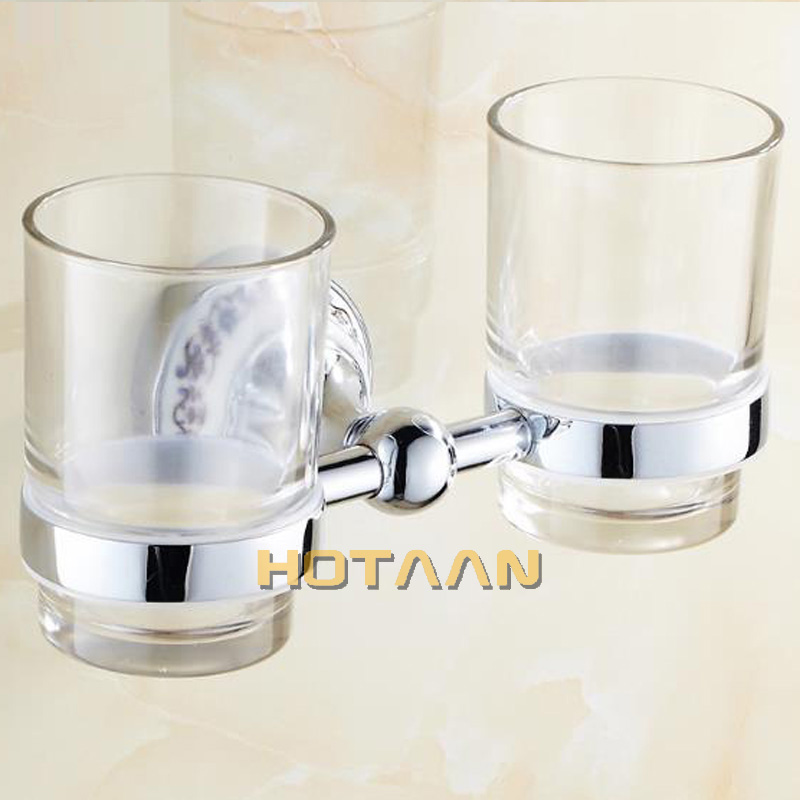 Chrome Color Tumbler Holders Double Glass Cup Holders Wall-mount Toothbrush Tooth Cup Holders Bathroom Accessories Hardware