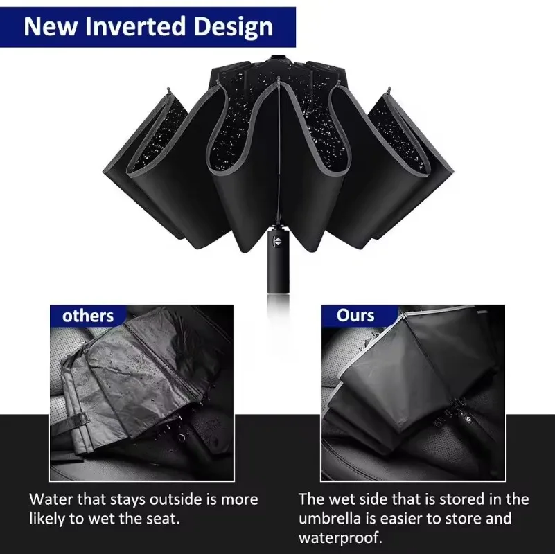 Paraguas totalmente automático para hombre y mujer, sombrilla plegable inversa con rayas reflectantes a prueba de viento y rayos UV