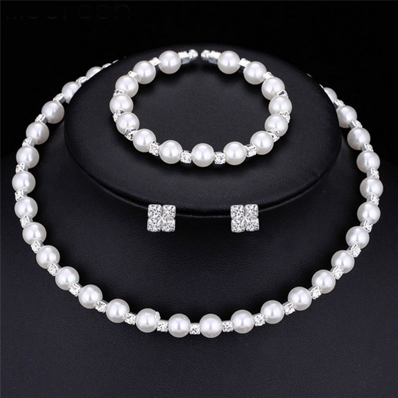 Perler armbånd ørering halskjede sett trendy hvit simulert perle & rhinestone kvinner bryllup/fest smykker sett