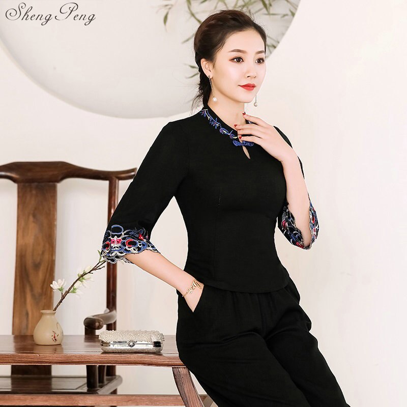 Vêtements traditionnels chinois pour femmes, haut cheongsam, col mandarin, hauts et chemisiers pour femmes, vêtements orientaux en chine  v1604