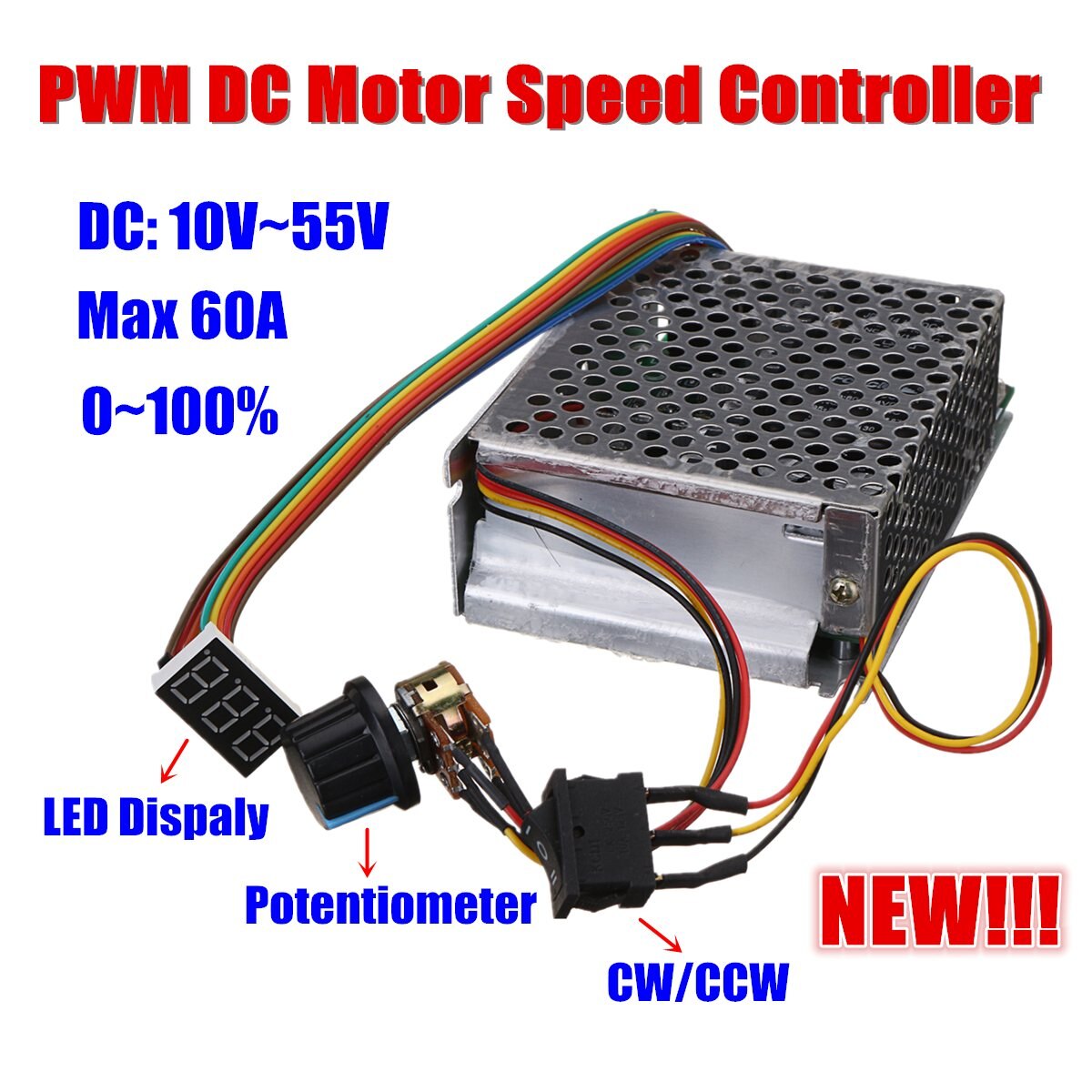 DC10-50V 60A 3000W controlador de velocidad de Motor de CC Reversible PWM Control 12V 24V 36V 48V pantalla Digital de freno de retroceso