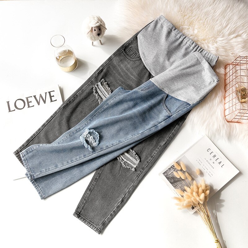 Jean de maternité en Denim avec trous, droit, taille haute, en coton, pour femmes enceintes, pantalon de grossesse ample, été