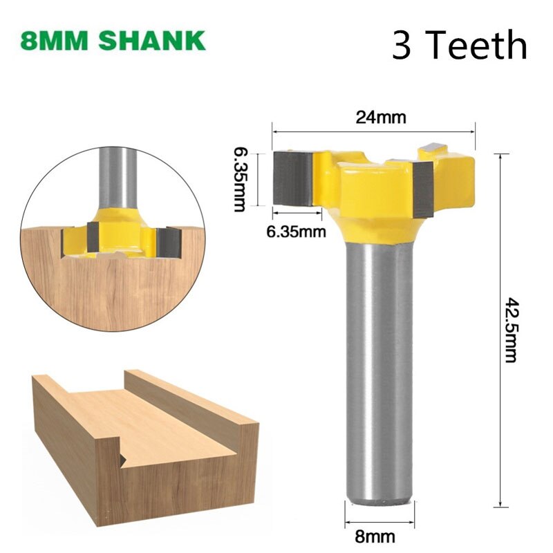 1pc 8mm skaft t typ skarvning &amp; spårfräs fyrfräs t-spår träfräs 12mm/12.7mm skaft fräs för trä: 8mm skaft 3 tänder