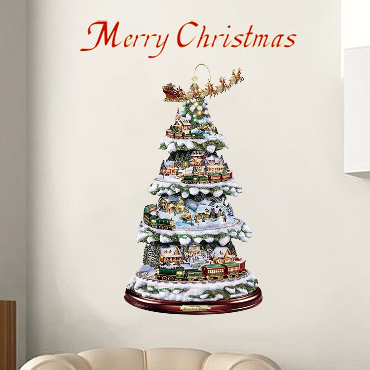 Christmas Tree Rotating Sculpture Train Decorations Paste Window Stickers Christmas Decorations For Home Window Wall Sticker