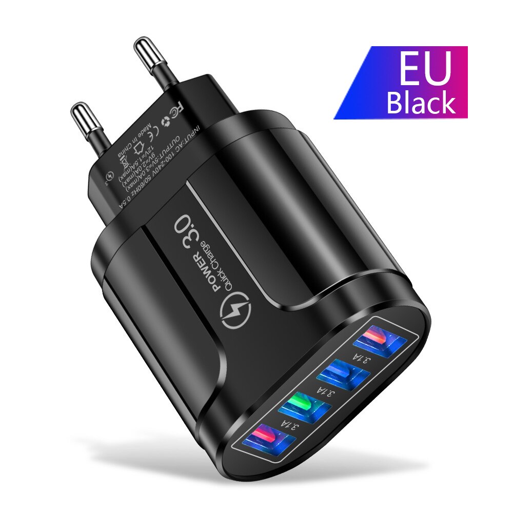 Uthai HC-385 3A 4-Port Mobiele Telefoon Oplader Led Licht 4 Usb Lader Opladen Hoofd Mobiele Telefoon Reislader: EU-Black