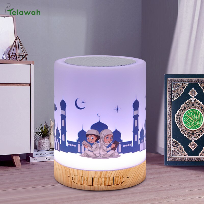 Farbiger, kabelloser, bluetooth-fähiger koran-lautsprecher mit usb-anschluss, fm-radio, einstellbarer kleiner led-lampe und touch-fernbedienung für zuhause